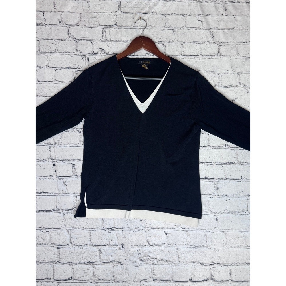 Grace Dane Lewis Petite Black White‎ V Neck Long Sleeve Layered Look Sweater Top
